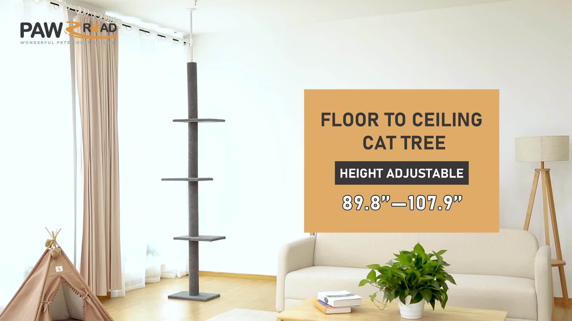 90-107" Floor To Ceiling Cat Tree Tower 4 Tier Tall Cat Climbing Posts Adjustable, Gray, Black, Khaki