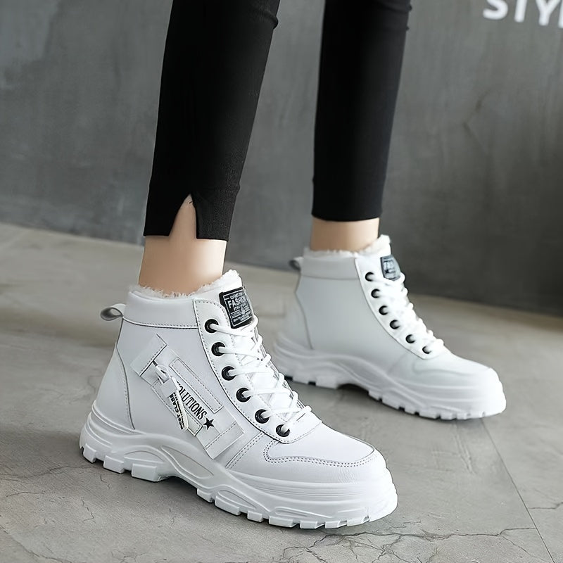 [Warm Fleece-Lined Winter Boots] Warm Fleece-Lined Women's Winter High-Top Boots - Thick Rubber Sole, Lace-Up Casual Style, White & Beige, Perfect for Cold Weather Comfort - Daisan Mart
