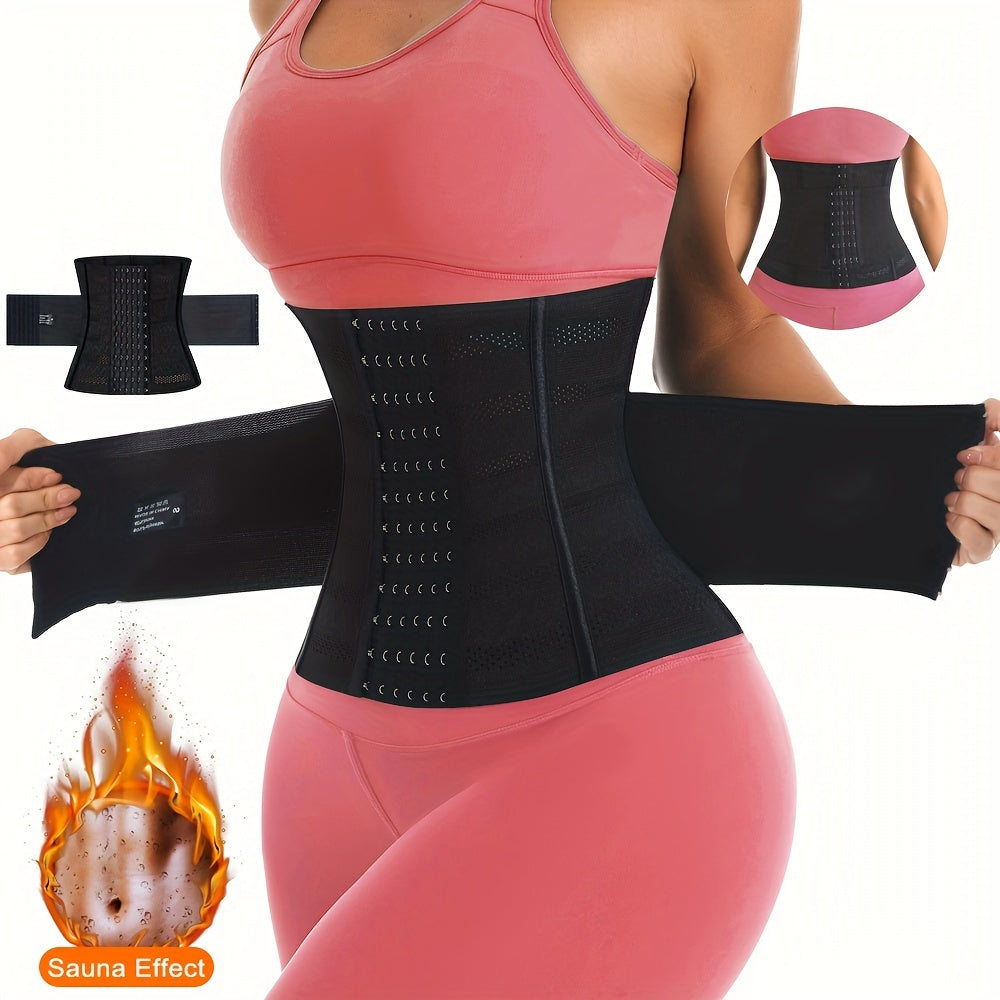 Người mặc áo thể thao hồng và đai nịt eo đen, hình ảnh hiệu ứng sauna bốc lửa ở góc.