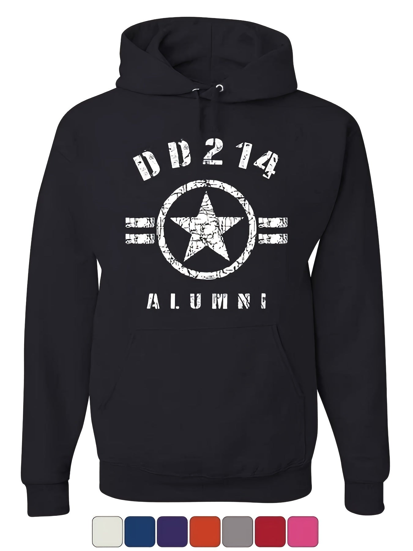 Áo hoodie đen với chữ trắng "DD 214 ALUMNI", có ngôi sao bên trong vòng tròn.