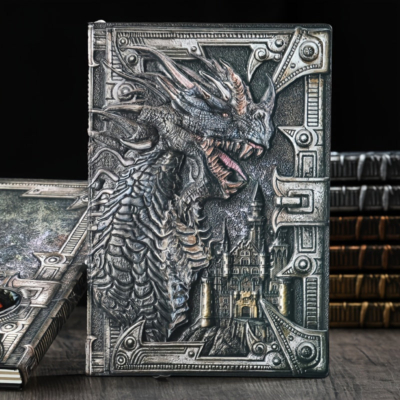 AOXUNDIY Embossed Dragon Journal Notebook, Animal Theme Plain Ruling Writing Pad with 3D Metal Dinosaur Design, Dinosaur Room Decor