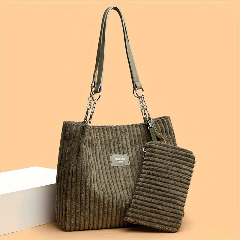Perfect Lily Women's 2pcs Corduroy Tote & Handbag Set - Elegant Large Capacity Handbags with Zipper Closure, Fixed Strap & Polyester Lining, Beige/White/Green/Black, Versatile for Daily Commute, Work, Shopping - Durable Cordu - Daisan Mart