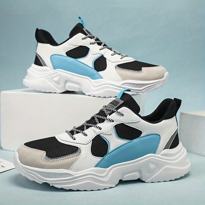 [Breathable Sneakers] Chunky Breathable Mesh Sneakers | Men's White &amp; Teal Casual Sneakers with EVA Sole, Lace-Up Design for All Seasons