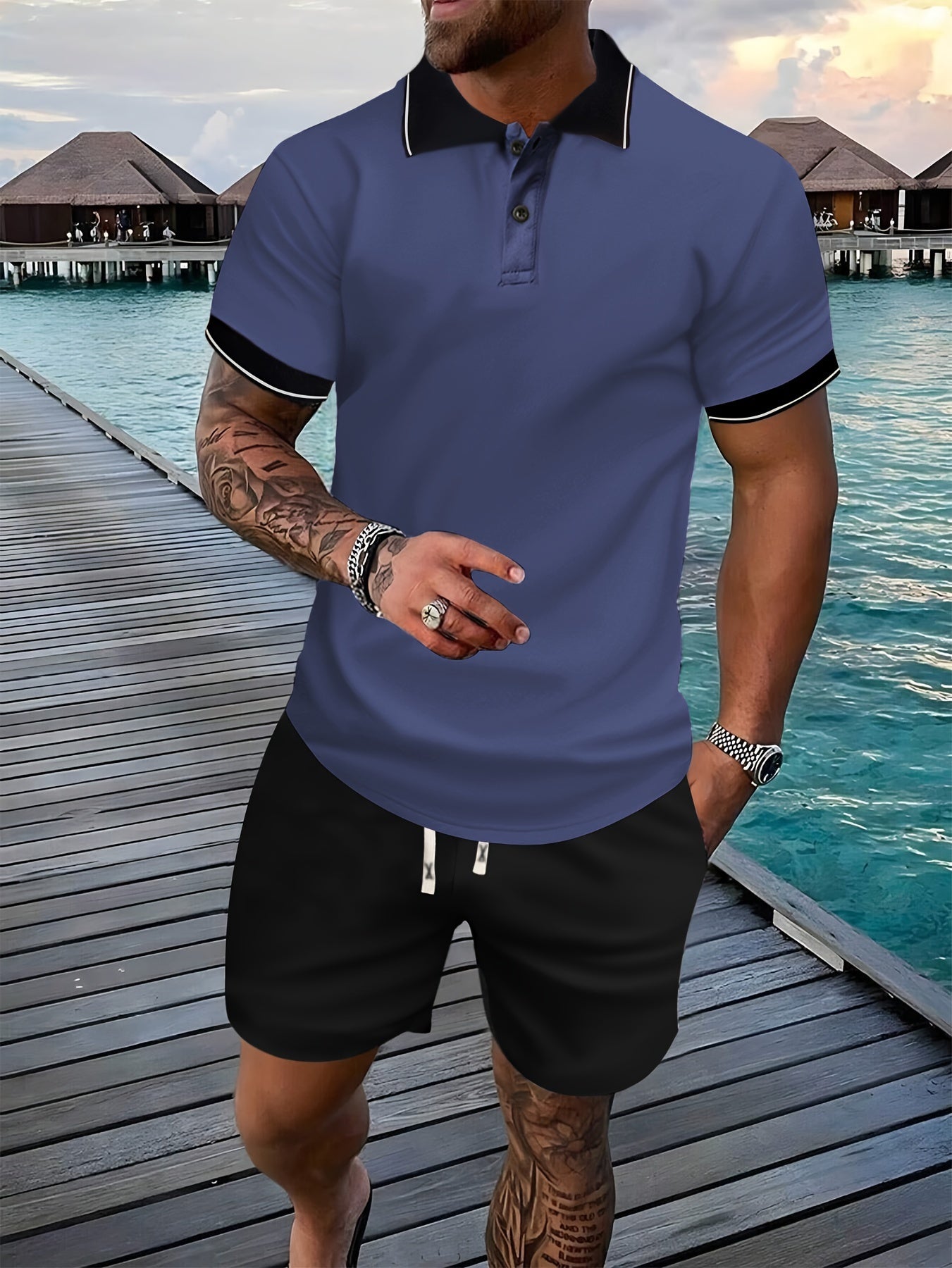 Bộ Golf Nam Hè: Áo Viền Tương Phản & Quần Dây Rút