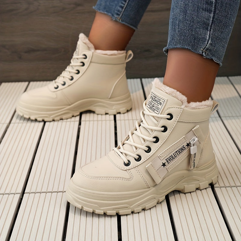[Warm Fleece-Lined Winter Boots] Warm Fleece-Lined Women's Winter High-Top Boots - Thick Rubber Sole, Lace-Up Casual Style, White & Beige, Perfect for Cold Weather Comfort - Daisan Mart