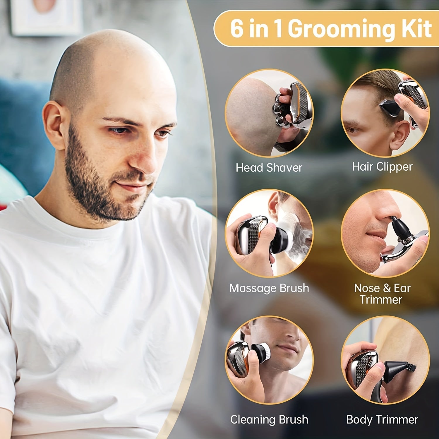 Máy Cạo Đầu Nam 6in1 Sạc USB Đa Năng 7 Đầu Xoay