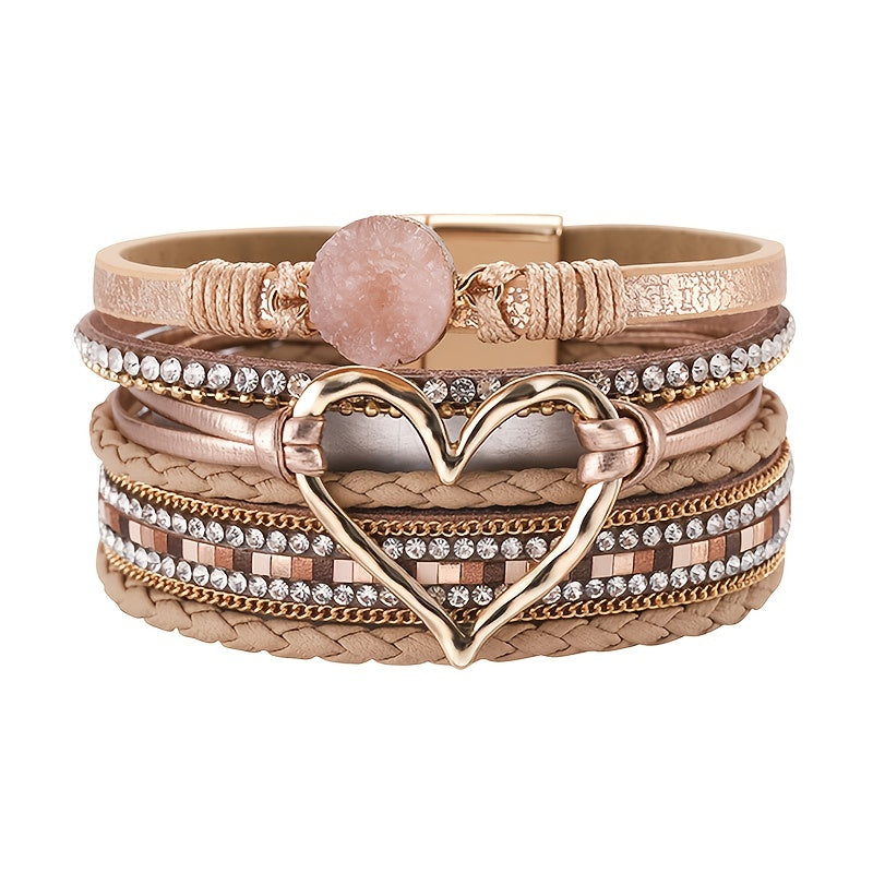 [Boho Chic Heart Bracelet] Boho Chic Multi-Layer PU Leather Magnetic Clasp Bracelet - Black Braided Design & Crystal Accents, Golden-Tone Metal Heart Pendant, Elegant Love Heart - Daisan Mart