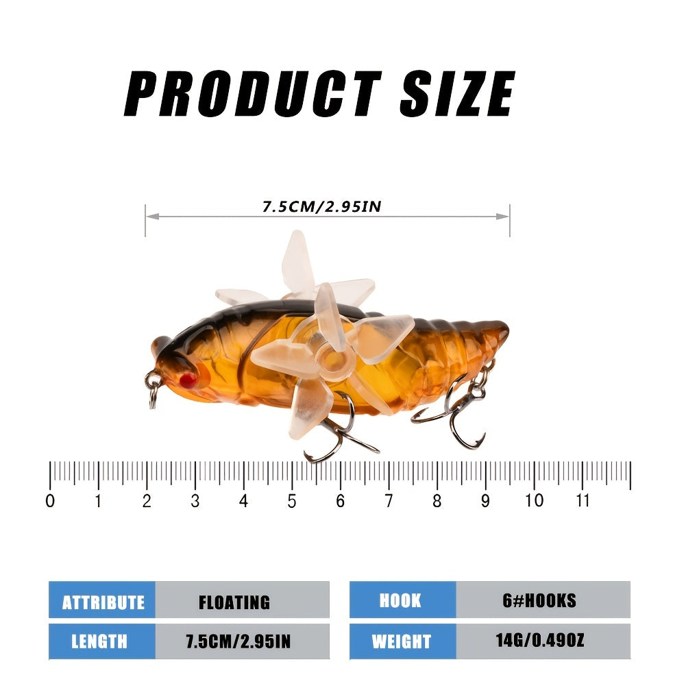 Bionic Cicada Hard Fish Lure - Spinning Fishing Bait with Propeller Treble Hook for Freshwater and Saltwater Fishing - 7.5cm/14g - Lifelike Design for Increased Catch Rates