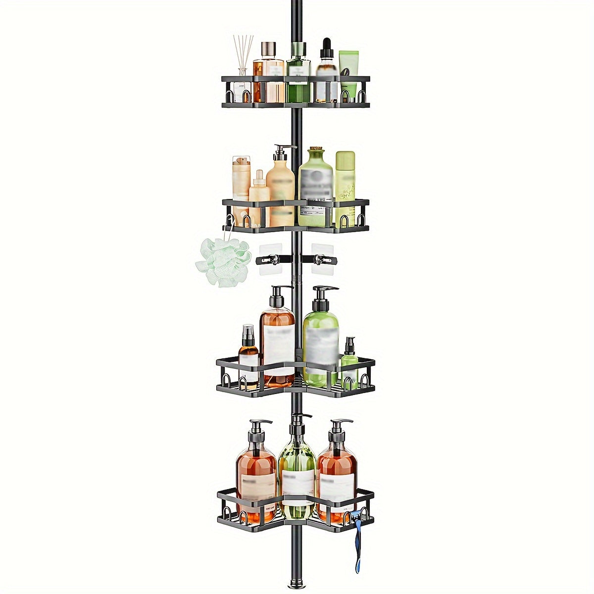 4-Tier Adjustable Corner Shower Caddy with Rust-Resistant Stainless Steel Pole &amp; Tension Control - Heavy-Duty Black Bathroom Organizer with Multi-Tier Shelves, Space-Saving Vertical Storage for Shower, Bathtub, or Sink Area -