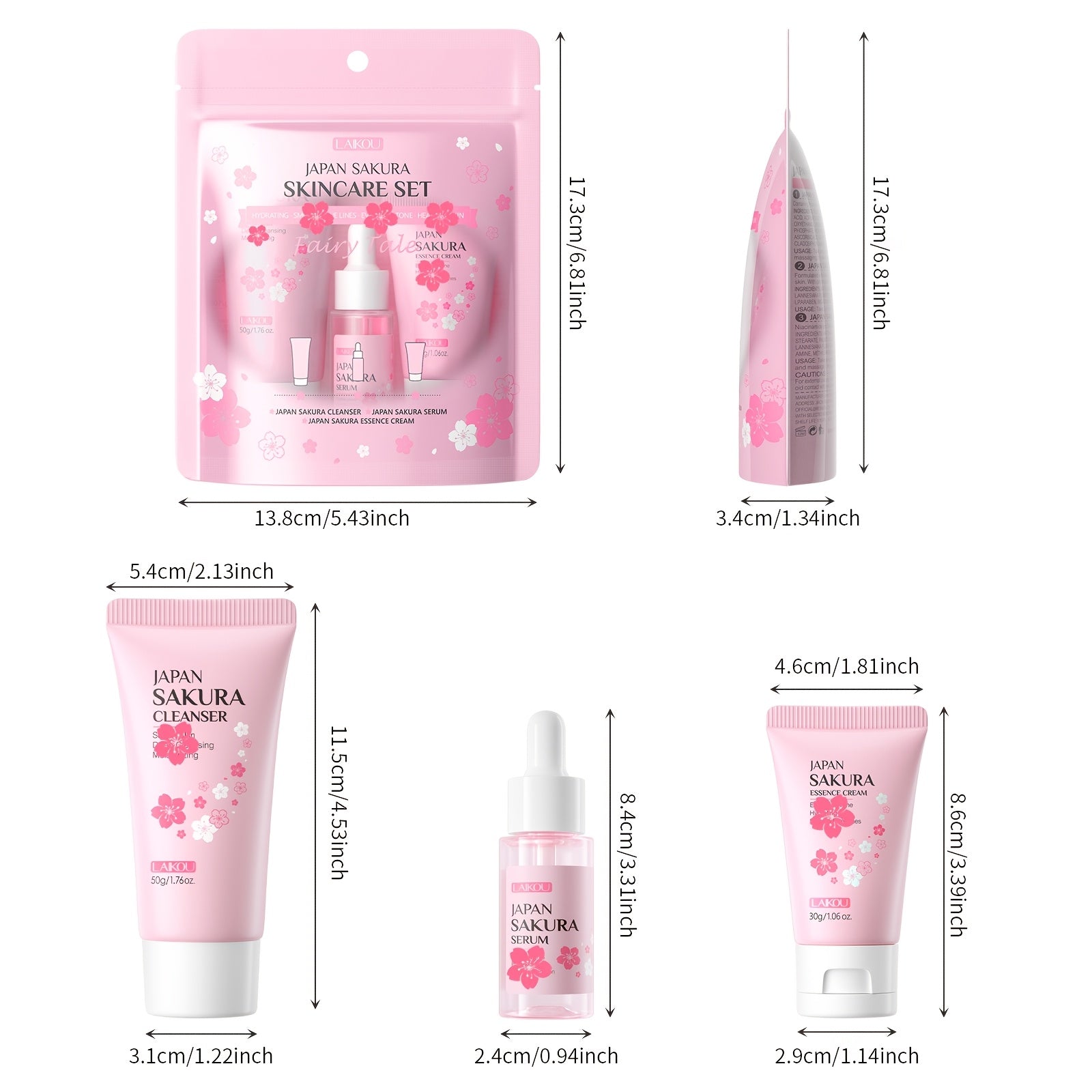 LAIKOU Sakura Cleanser Skin Care Set 3pcs, Face Wash 50g, Serum 0.57oz, Moisturizer 30g, Even Skin Tone, Smooth Fine Lines