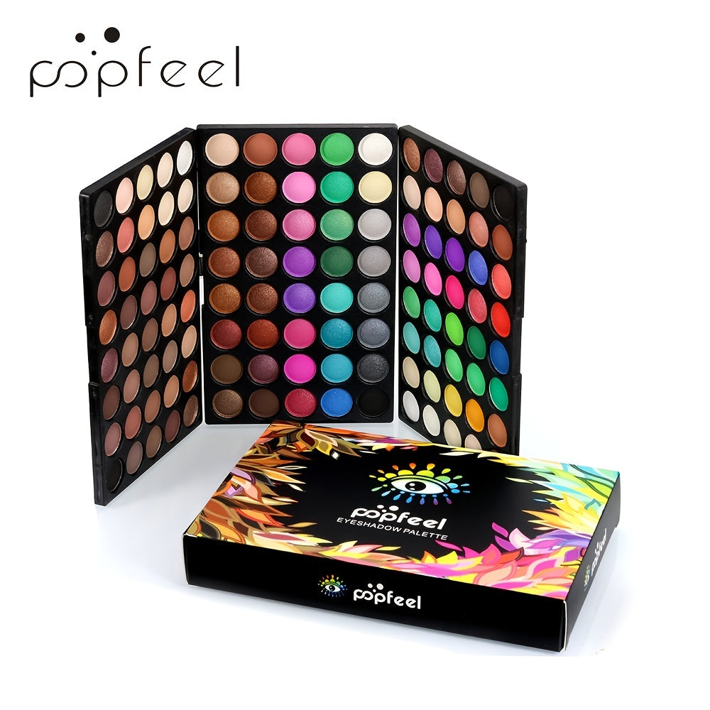 Hộp phấn mắt Popfeel nhiều màu sắc rực rỡ với thiết kế mở ba ngăn, nền trắng.