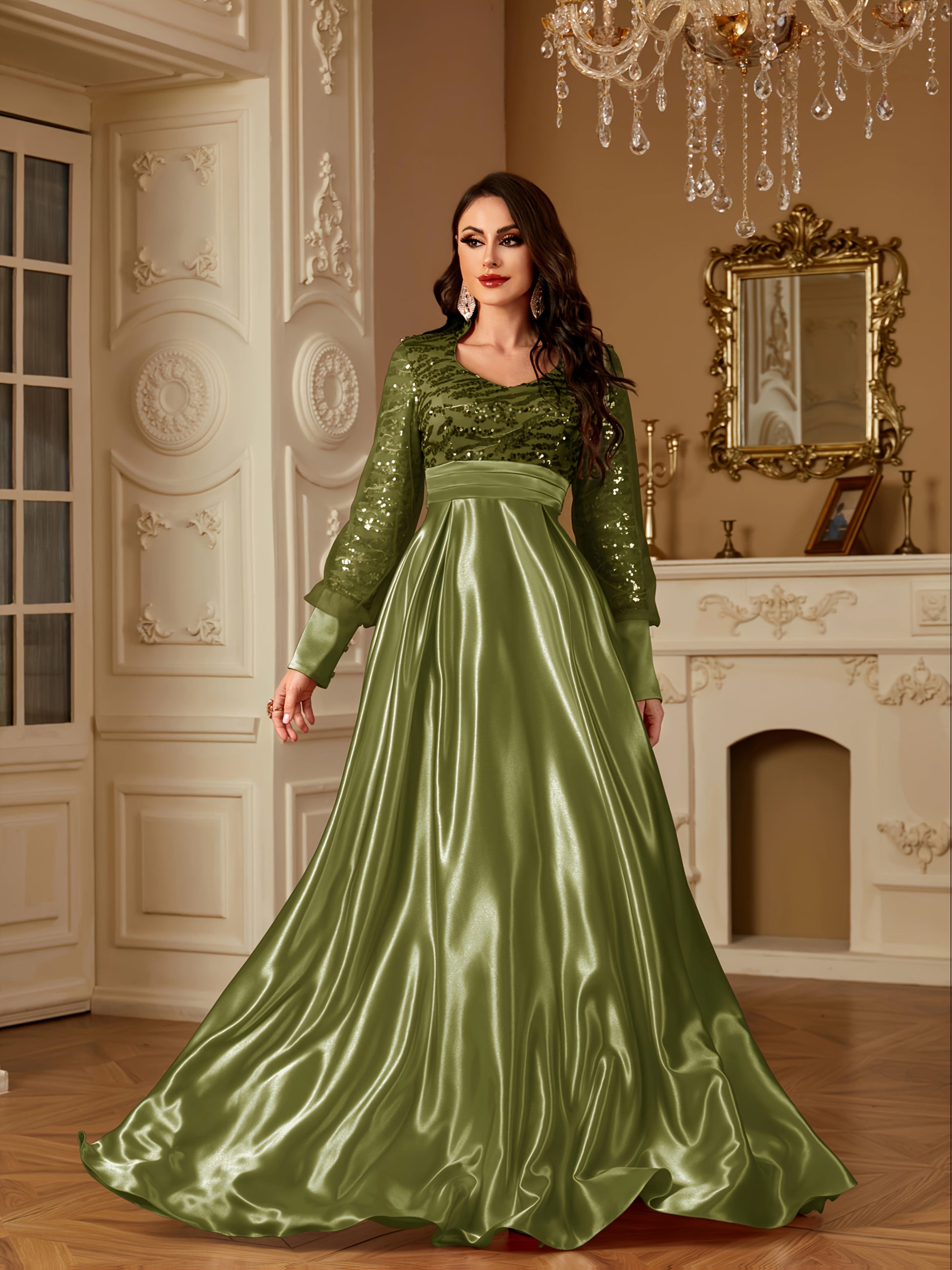 XUIBOL Women's Elegant Long Sleeve Satin Evening Gown - Waist-Cinching Slim Fit A-Line Dress with Sparkling Pearl & Sequin Embellishments, Round Neck Floor-Length Formal Party Dress for Weddings & Galas - Daisan Mart