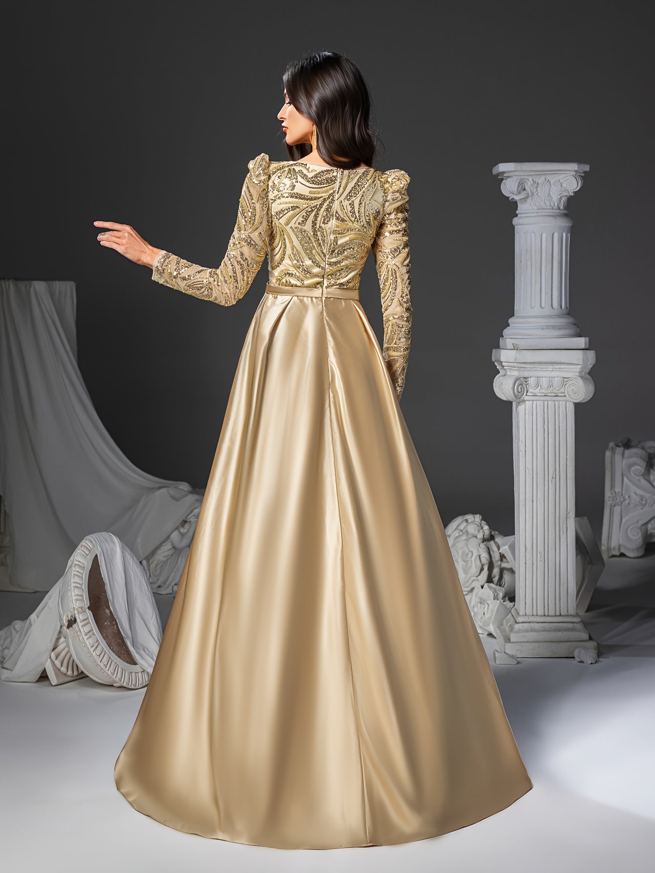 [Elegant Sequin Mermaid Dress] Elegant Sophisticated Women's Long Sleeve V-Neck Sequin Embellished Mermaid Dress with Flowy Train | Golden Formal Party Wedding Gown, Hand Wash Only, Wedding Guest Attire, Structured Bodice