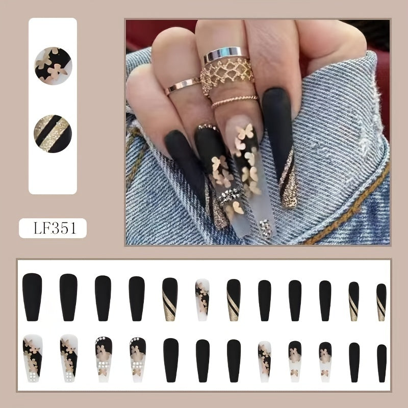 Liirches 24pcs Press on Nails Hot Golden Butterfly Fake Nail Set with Matte Golden Powder, Lightweight Design Ins Style Manicure Stickers Includes Jelly Glue + Sanding Strip