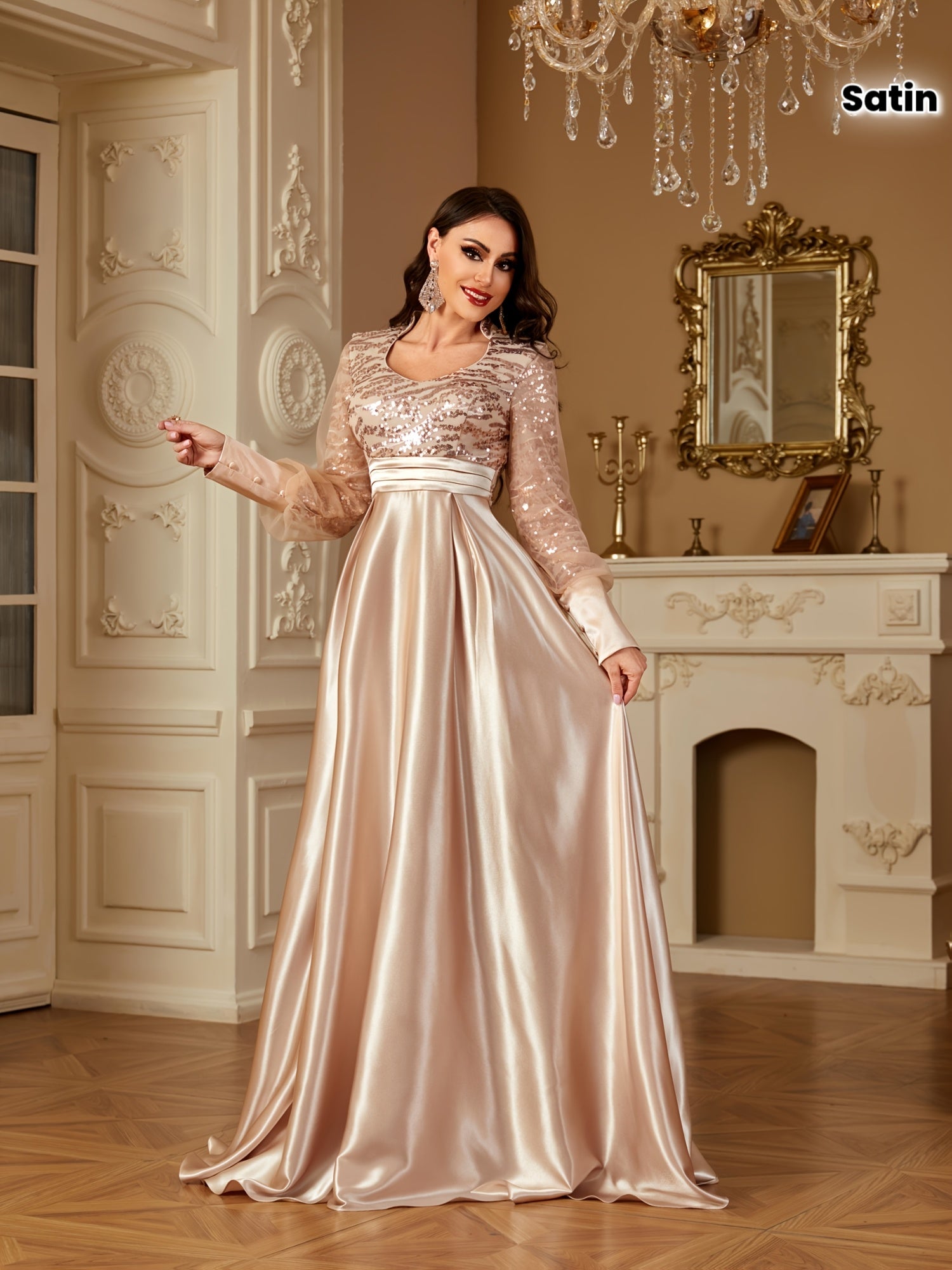 XUIBOL Women's Elegant Long Sleeve Satin Evening Gown - Waist-Cinching Slim Fit A-Line Dress with Sparkling Pearl & Sequin Embellishments, Round Neck Floor-Length Formal Party Dress for Weddings & Galas - Daisan Mart