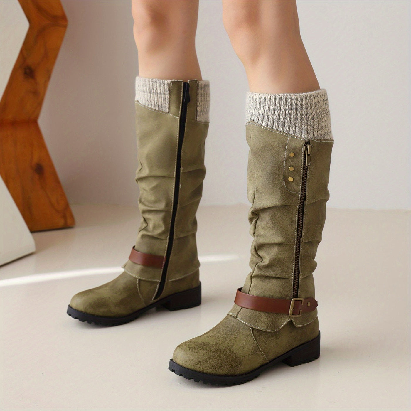 Mid-calf vintage western boots for women; warm, anti-slip, flat, cold-proof long boots in winter. - Daisan Mart