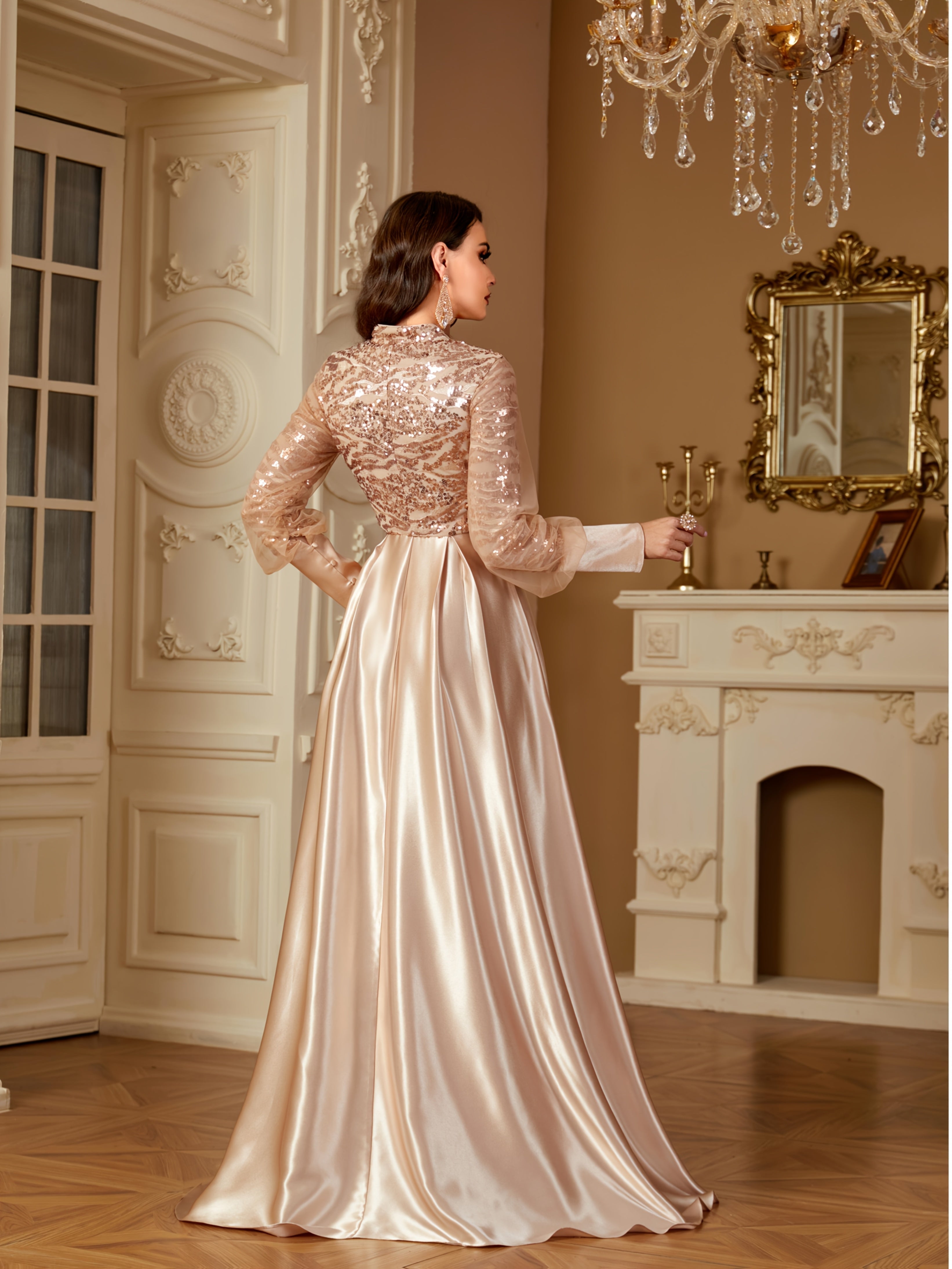 XUIBOL Women's Elegant Long Sleeve Satin Evening Gown - Waist-Cinching Slim Fit A-Line Dress with Sparkling Pearl & Sequin Embellishments, Round Neck Floor-Length Formal Party Dress for Weddings & Galas - Daisan Mart