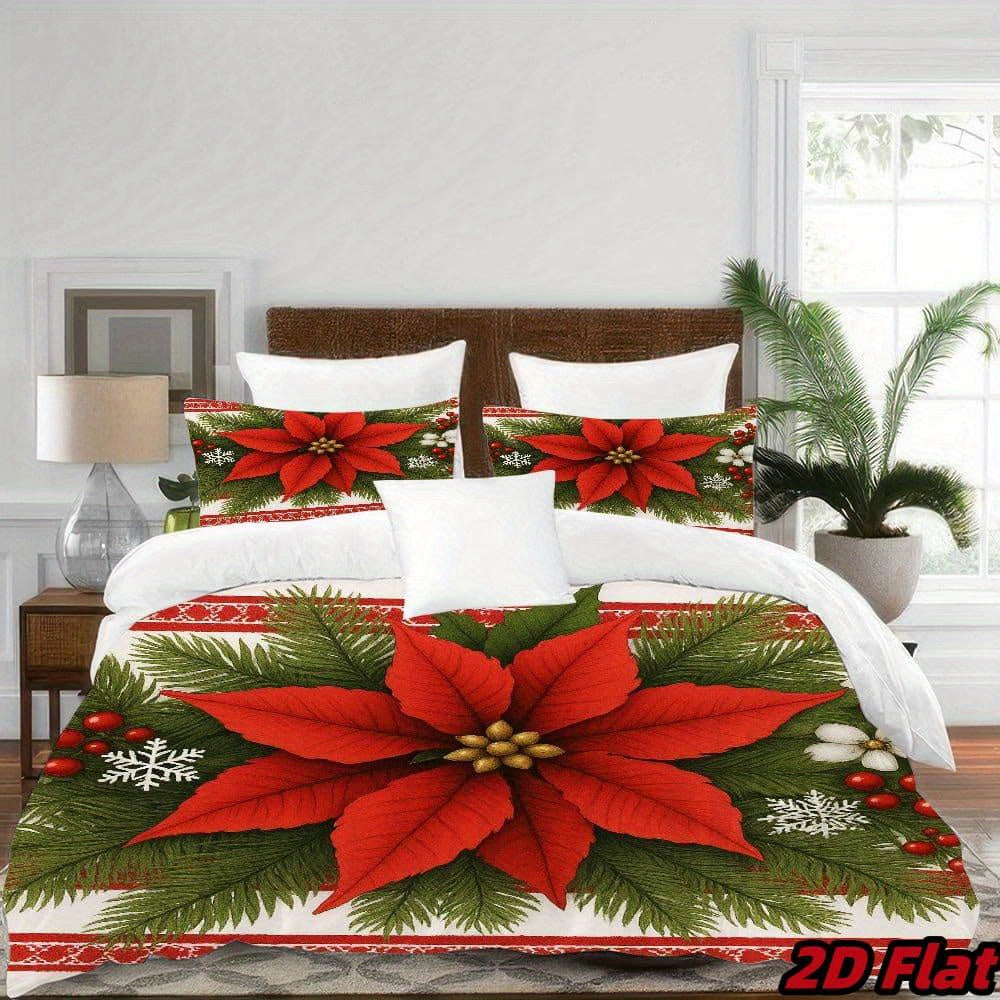 3pcs 2D Flat Christmas Poinsettia Duvet Cover - Red Flower Bedding with Green Pine Branches, Snowflake Pattern, Soft Breathable Polyester, Winter Holiday Bedroom Decor, All-Season 100% fiber fabric 1 Duvet Cover + 2 Pillowcas