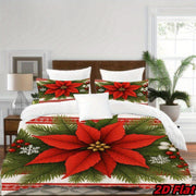 3pcs 2D Flat Christmas Poinsettia Duvet Cover - Red Flower Bedding with Green Pine Branches, Snowflake Pattern, Soft Breathable Polyester, Winter Holiday Bedroom Decor, All-Season 100% fiber fabric 1 Duvet Cover + 2 Pillowcas