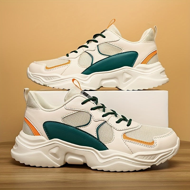 [Breathable Sneakers] Chunky Breathable Mesh Sneakers | Men's White &amp; Teal Casual Sneakers with EVA Sole, Lace-Up Design for All Seasons
