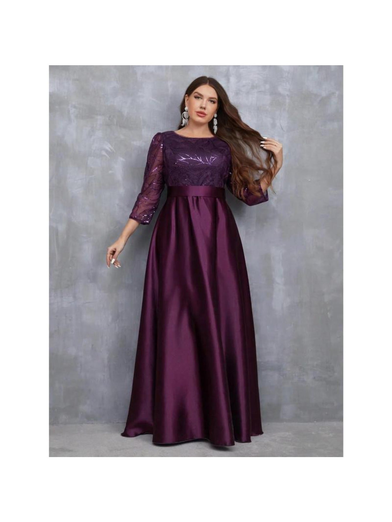 Plus Size - Plus-Size Women'S Elegant Evening Gown - Mermaid to A-Line Silhouette Long Sleeve Wedding & Party Dress with Round Neck, Floor-Length Formal Attire, Solid Burgundy Color, All-Season Fit for Banquets, Proms & Speci