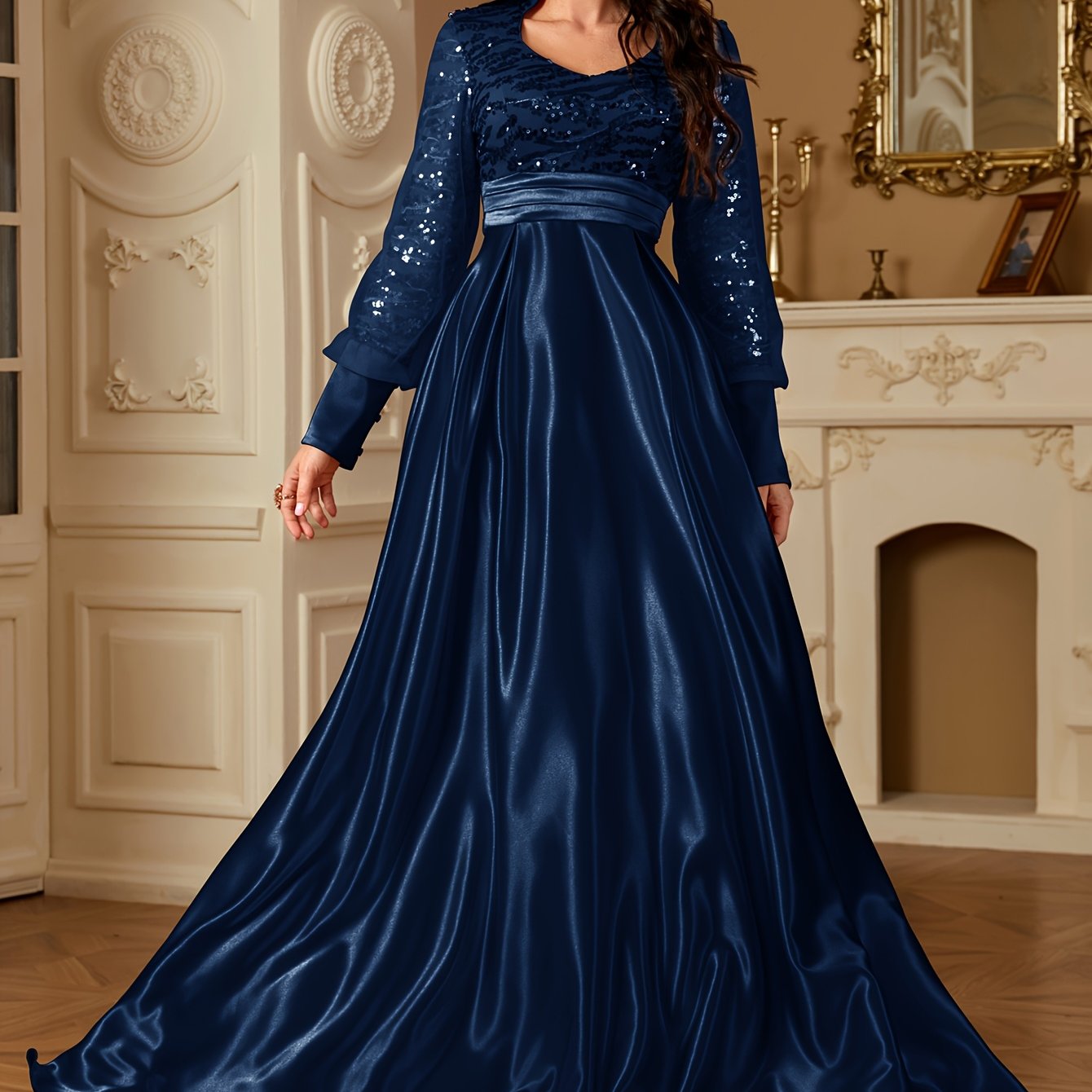 XUIBOL Women's Elegant Long Sleeve Satin Evening Gown - Waist-Cinching Slim Fit A-Line Dress with Sparkling Pearl & Sequin Embellishments, Round Neck Floor-Length Formal Party Dress for Weddings & Galas - Daisan Mart