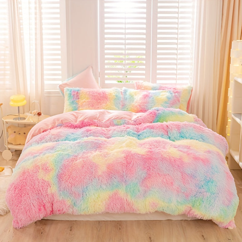 3pcs Y2K Tie Dye Plush Duvet Cover Set ( 1 Duvet Cover + 2 Pillowcase), Soft & Warm Bedding Set