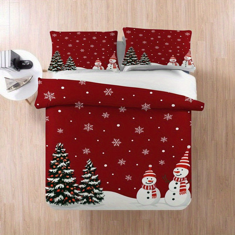 3pcs Christmas Bedding Snowman Pine Tree Pattern, Winter Holiday Red Duvet Cover, Festive Snowflake Design, Comfortable Home Bedroom Guest Room Supplies, Soft Microfiber Fabric, (1 + 2 Pillow Covers) - Daisan Mart
