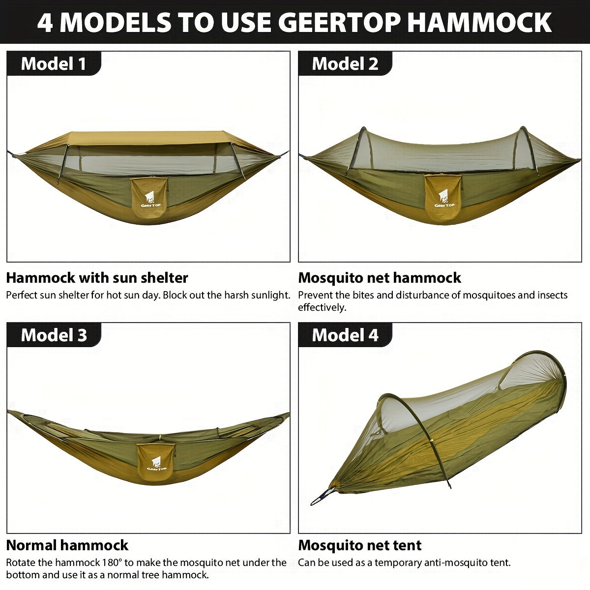[3-in-1 Hammock] GEERTOP 3-in-1 Outdoor Hammock | Double Sleep Rest Camping Hammock with Mosquito Net Sun Shelter for Backpacking Travel Garden Park - Daisan Mart