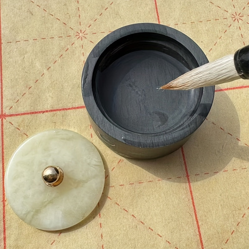 Mini Inkstone with Lid, Calligraphy, Natural Stone Processed Inkstone for Copying Sutras, Small Script Grinding Inkwell, Artificial Jade Cover Random Color