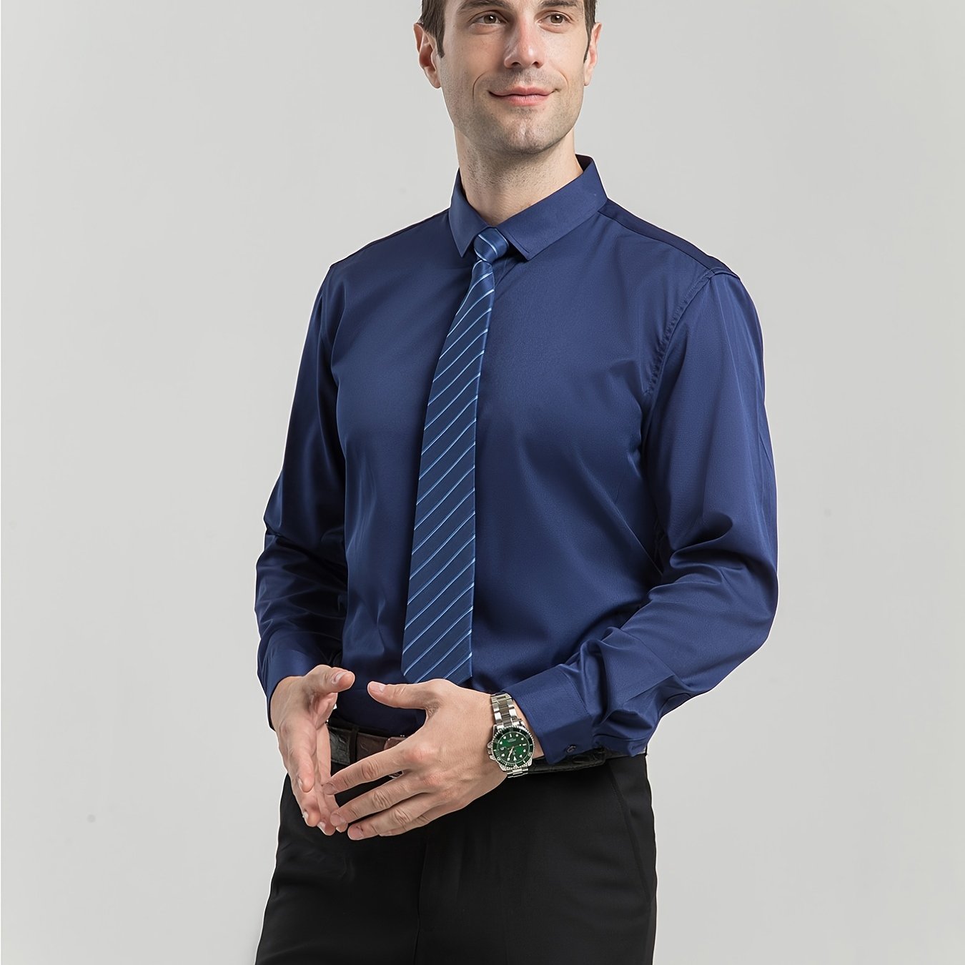 男士修身彈性正裝襯衫，輕薄商務翻領長袖襯衫，男士商務襯衫抗皺耐用純色正裝長袖襯衫，帶紐帶和口袋，適合工作、通勤、約會