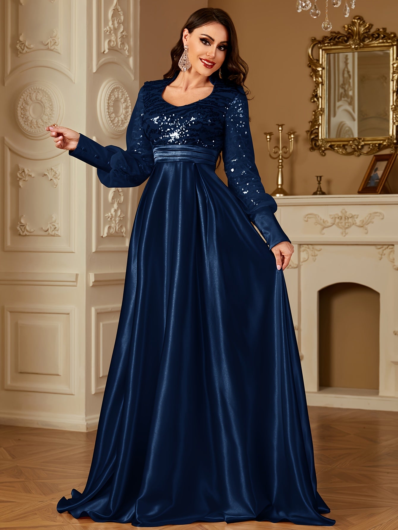 XUIBOL Women's Elegant Long Sleeve Satin Evening Gown - Waist-Cinching Slim Fit A-Line Dress with Sparkling Pearl & Sequin Embellishments, Round Neck Floor-Length Formal Party Dress for Weddings & Galas - Daisan Mart