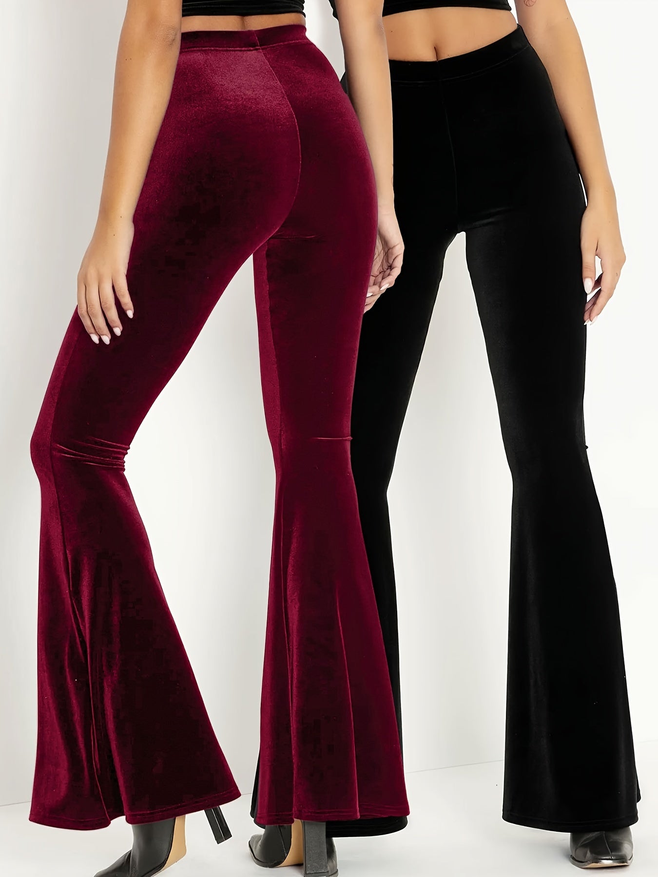 2pcs High Waist Velvet Pants Set for Women - Stretchy Polyester Knit Fabric, Black and Red, Flared Leggings, Fall/Winter Fashion - Daisan Mart