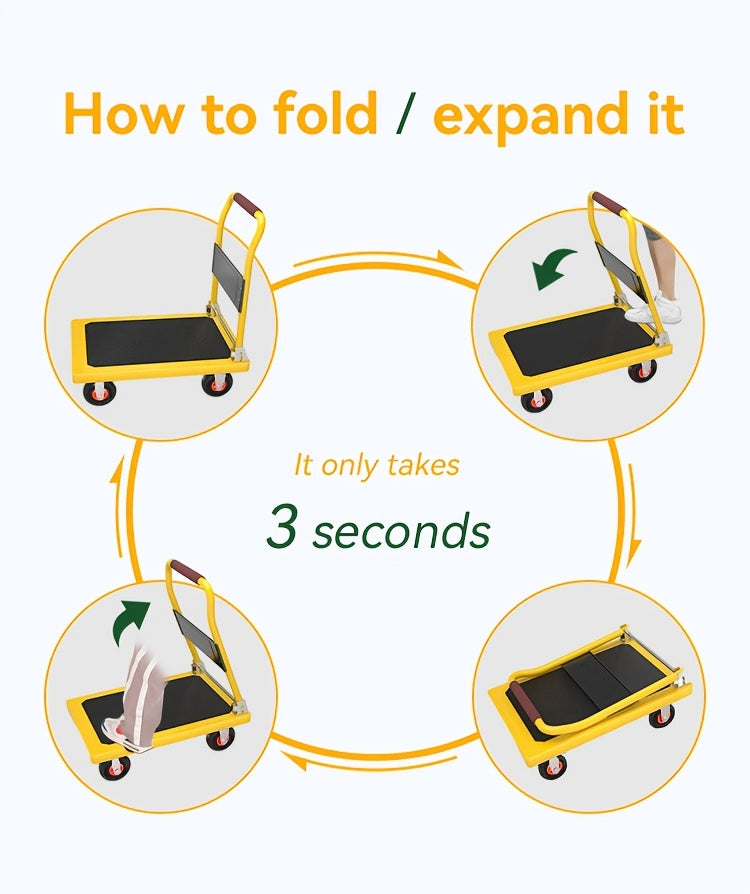 A Foldable Platform Hand Truck With High Load-bearing Capacity, Crafted From Carbon Steel, Features Two 360° Silent Swivel Wheels And Two Fixed Silent Wheels For Easy Transportation Of Boxes, Furniture, And Appliances. Ideal