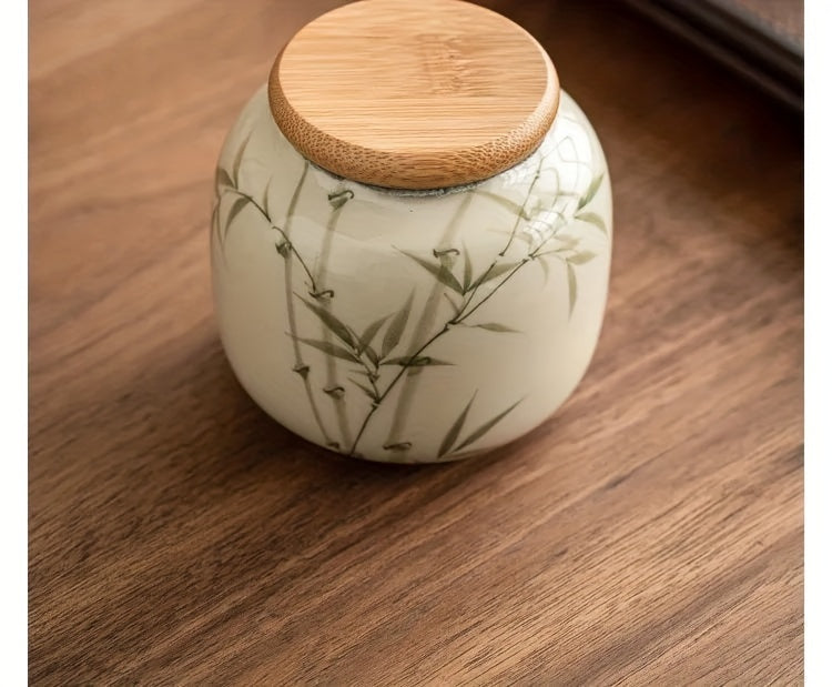 [High-Grade Pu'Er Green Tea Jar] Emerald Green Asparagus Fern Tea Jar Sealed Jar Ceramic Tea Container Moisture-Proof Chinese High-Grade Pu'Er Green Tea Warehouse