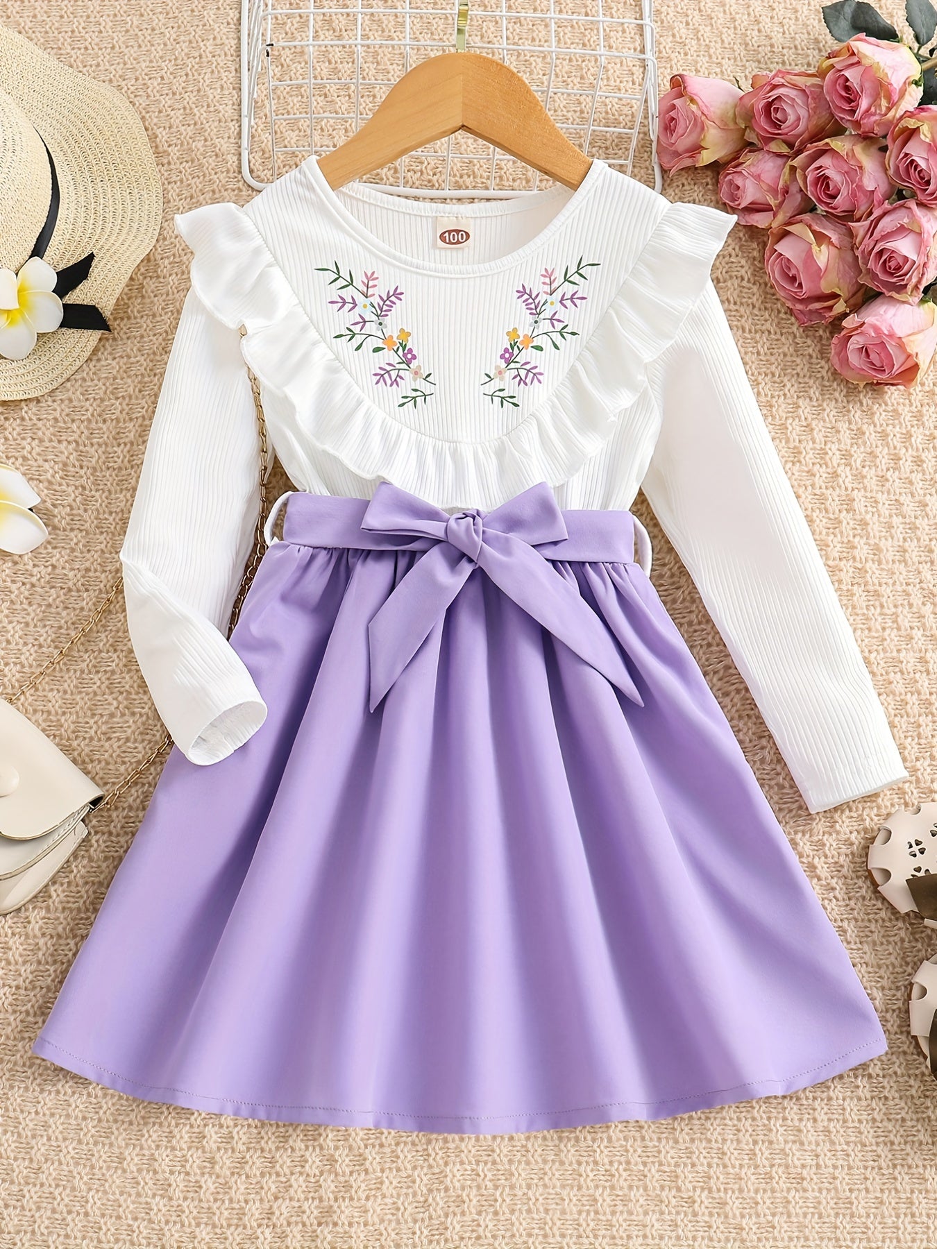 Baby Girl's Long Sleeve Floral Dress with Belt - Gentle Spring and Autumn