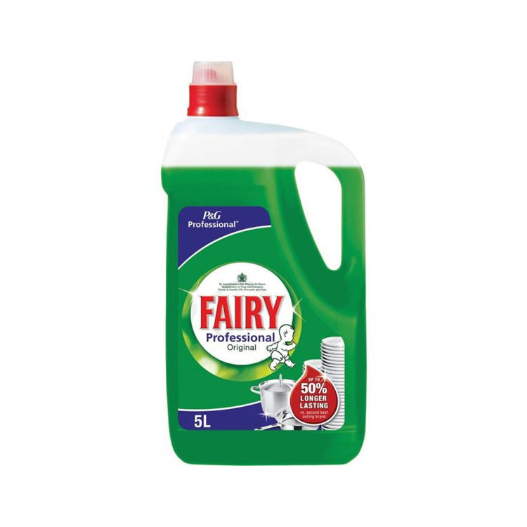 Chai nước rửa chén lớn màu xanh lá cây 5L, nắp đỏ, nhãn hiệu nổi bật màu đỏ và trắng.
