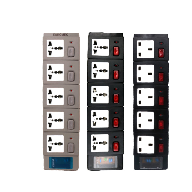 Ổ cắm điện kéo dài 5 lỗ đa năng kiểu Pakistan, Tiêu chuẩn Anh, màu Đen, có công tắc. - Daisan Mart