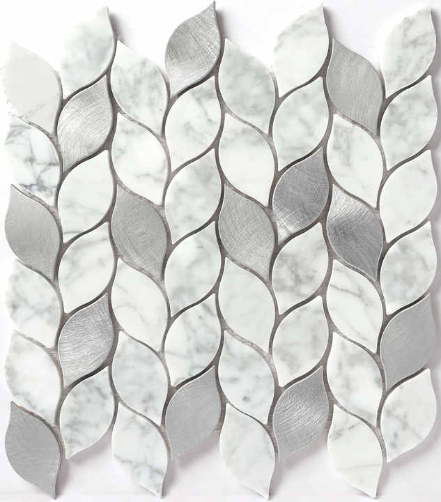 Exquisite white stone wall decoration mosaic tiles, marble style, small leaves, mixed metal, wholesale China 