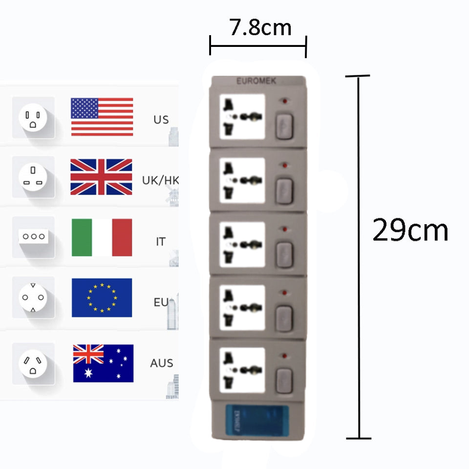 Ổ cắm đa năng màu xám, cao 29cm, rộng 7.8cm, hỗ trợ chuẩn US, UK/HK, IT, EU, AUS.