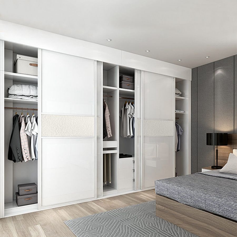 Modern wardrobe with 6 sliding doors made of transparent white frosted glass