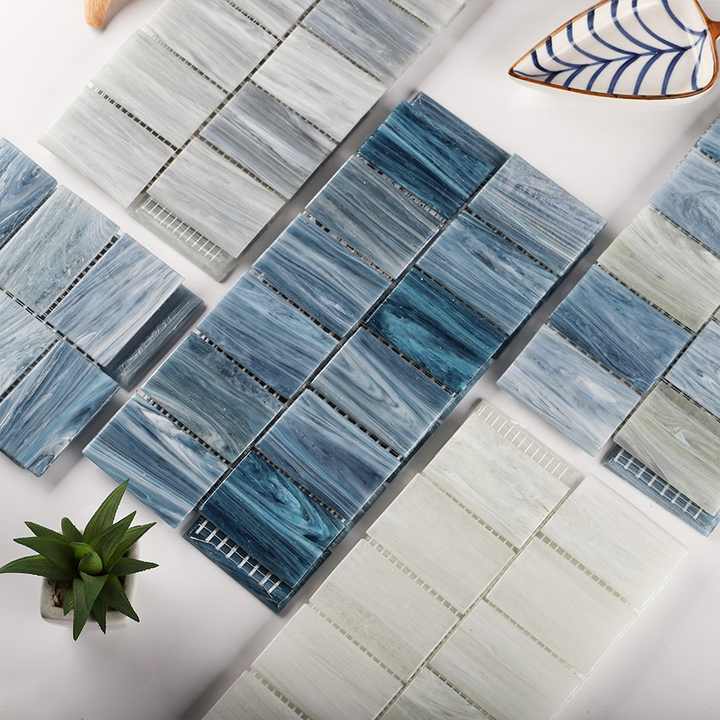 Bluwhale pearl white translucent rectangular iridescent glass mosaic tiles for swimming pool wall