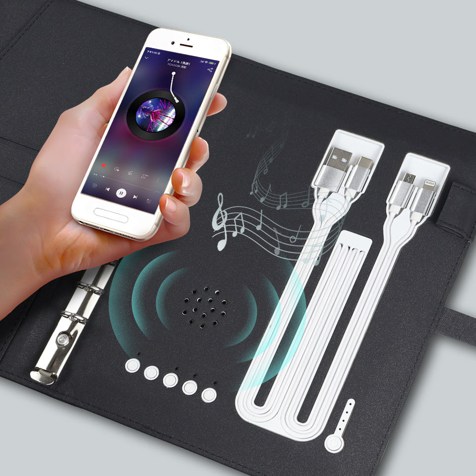 Sổ tay thông minh bằng da A5 đa chức năng sạc không dây, tích hợp loa, USB, sạc dự phòng, dành cho quà tặng doanh nghiệp.