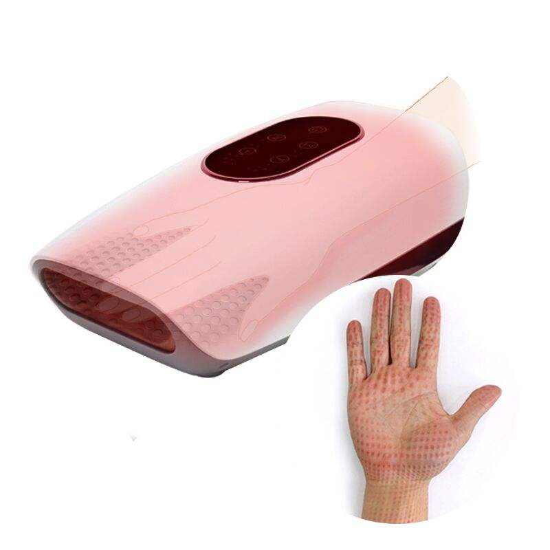 Máy massage tay màu hồng với màn hình điều khiển và hình ảnh bàn tay có vết chấm đỏ.