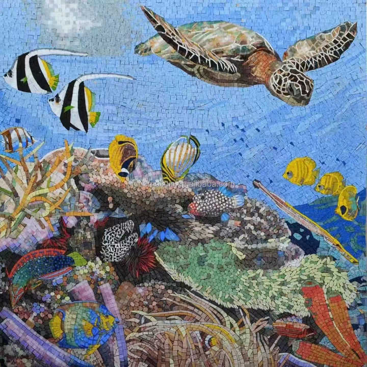 Sea turtle art glass mosaic painting for high-end bathroom decoration 
