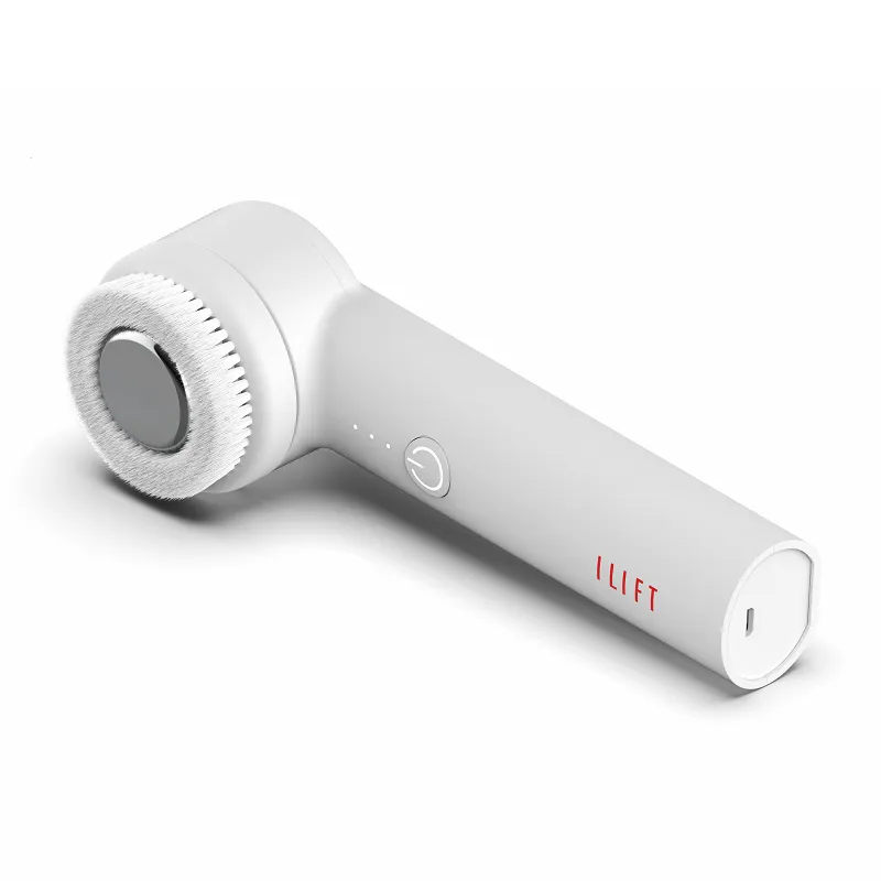 Bàn chải điện màu trắng với lông chải tròn, nút nguồn và chữ "LIFT" màu đỏ trên thân.