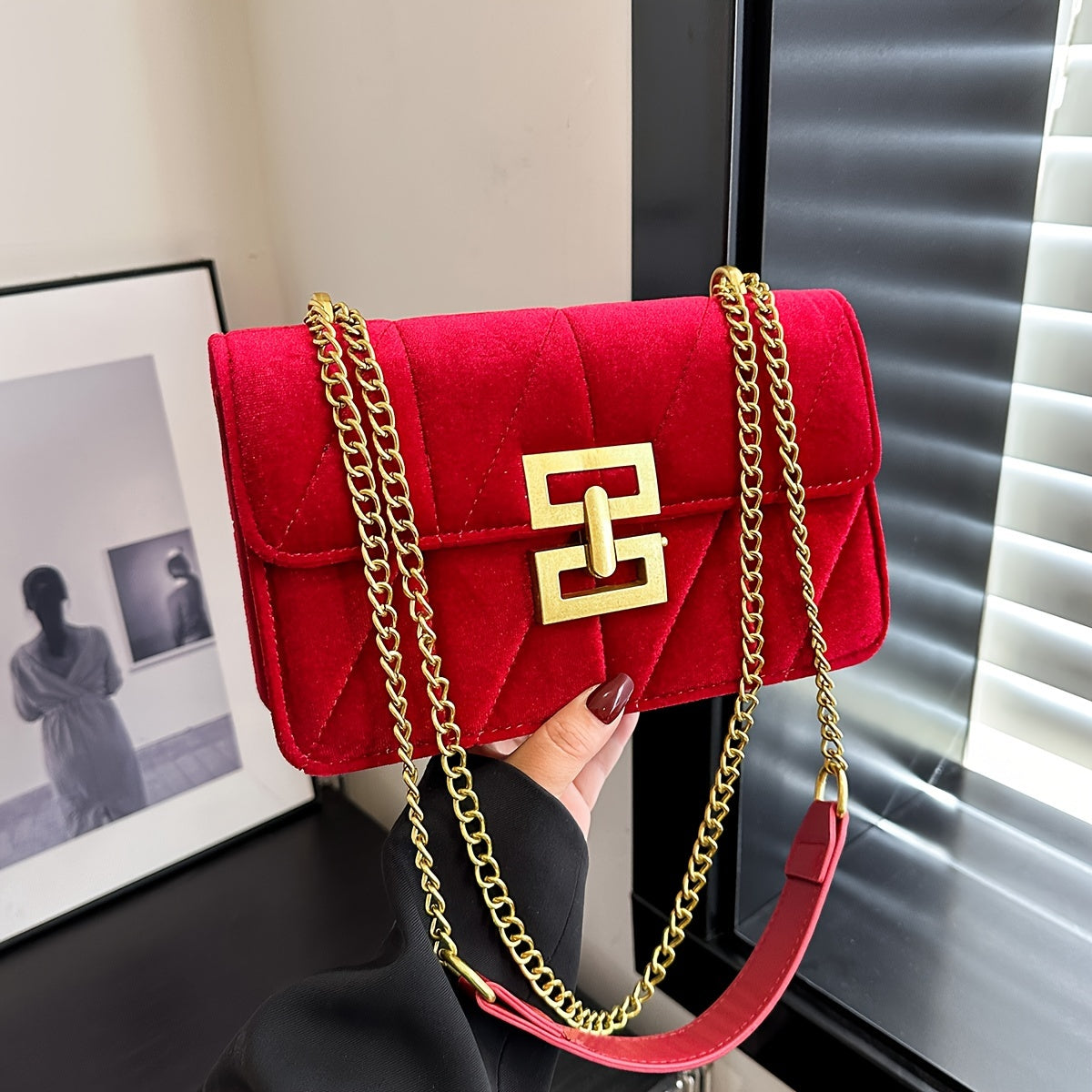Elegant Crossbody Bag - Velvet Material with Chain