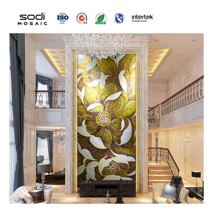 High quality handmade gold plated crystal mosaic flower art painting 