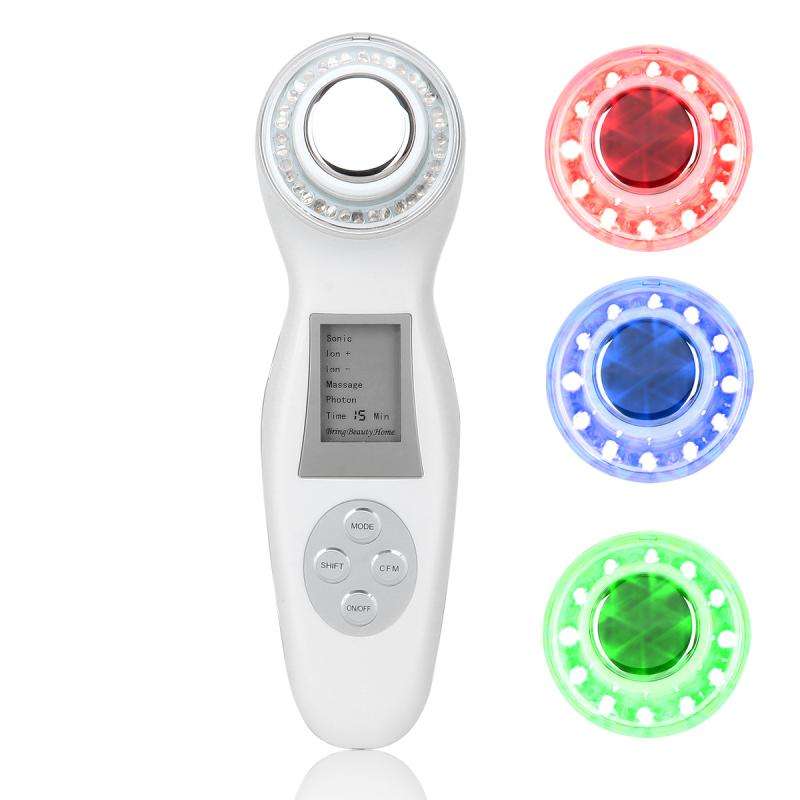 Thiết bị làm đẹp cầm tay màu trắng, có màn hình, nút bấm, và đèn LED đỏ, xanh dương, xanh lá.