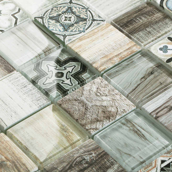 Modern style inkjet printed crystal wood glass mosaic wall tiles for kitchen, bathroom, living room, wooden floor design 